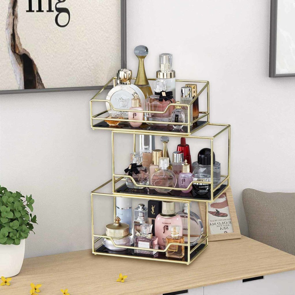 2 Tiered Gold Black Mirror Perfume Tray